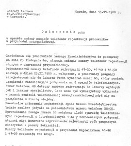 Ogłoszenie o zmianie numerów telefonów do przychodni zakładowej 1980 